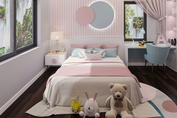Phòng ngủ chung cho hai bé với 1 giường đôi phong cách hiện đại
