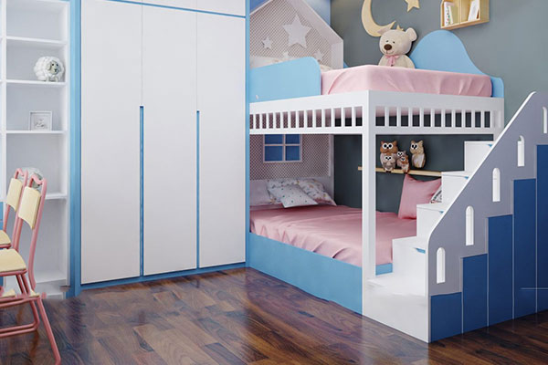 Mẫu phòng ngủ đôi cho bé trai và bé gái qua cách phối hợp ba màu trắng-xanh- hồng