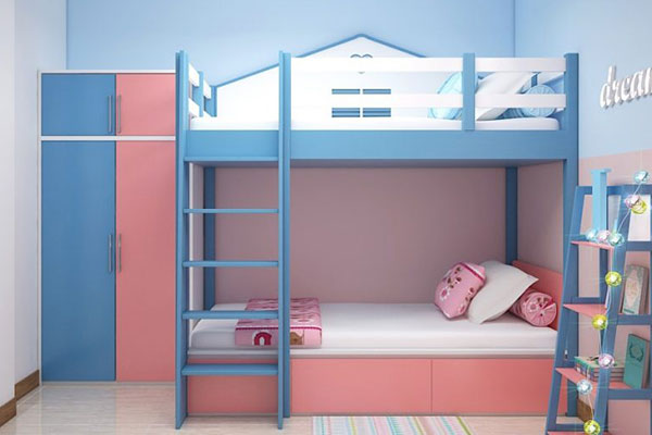 Mẫu phòng ngủ chung cho bé trai và bé gái thông qua sự giao thoa giữa các màu sắc tinh tế với nhau.
