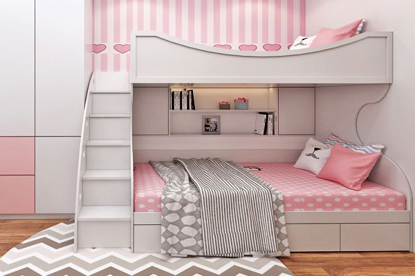 Thiết kế phòng ngủ có giường 2 tầng cho 2 bé gái