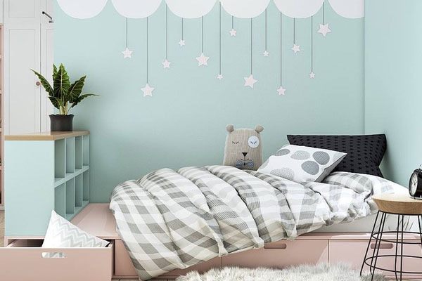 Trang trí phòng ngủ cho bé gái màu xanh nhạt tươi mới 