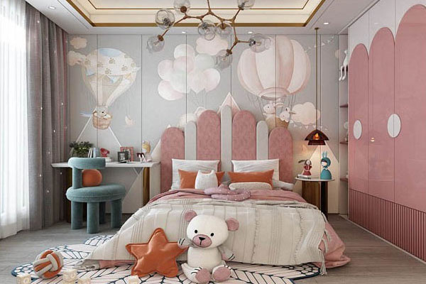 Phòng ngủ thiết kế với tông màu trắng hồng cho bé