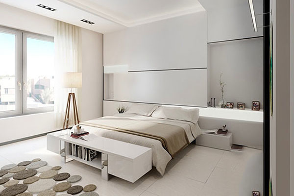 Phòng ngủ màu trắng với thảm trải sàn độc đáo